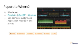 Report to Where?
● We chose:
● Graphite (InfluxDB) + Grafana
● Can correlate System and
Application metrics in one
place :)
 