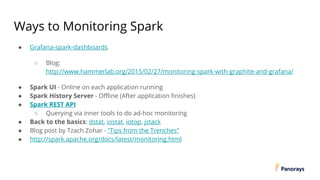 Ways to Monitoring Spark
● Grafana-spark-dashboards
○ Blog:
http://www.hammerlab.org/2015/02/27/monitoring-spark-with-graphite-and-grafana/
● Spark UI - Online on each application running
● Spark History Server - Offline (After application finishes)
● Spark REST API
○ Querying via inner tools to do ad-hoc monitoring
● Back to the basics: dstat, iostat, iotop, jstack
● Blog post by Tzach Zohar - “Tips from the Trenches”
● http://spark.apache.org/docs/latest/monitoring.html
 