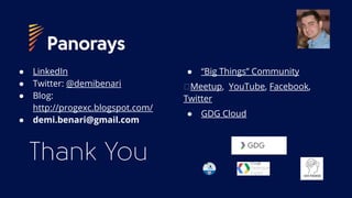● “Big Things” Community
Meetup, YouTube, Facebook,
Twitter
● GDG Cloud
● LinkedIn
● Twitter: @demibenari
● Blog:
http://progexc.blogspot.com/
● demi.benari@gmail.com
 