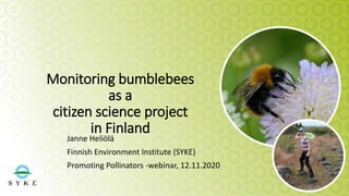 Monitoring bumblebees
as a
citizen science project
in Finland
Janne Heliölä
Finnish Environment Institute (SYKE)
Promoting Pollinators -webinar, 12.11.2020
 