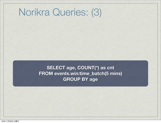 Norikra Queries: (3)

SELECT age, COUNT(*) as cnt
FROM events.win:time_batch(5 mins)
GROUP BY age

13年11月30日土曜日

 