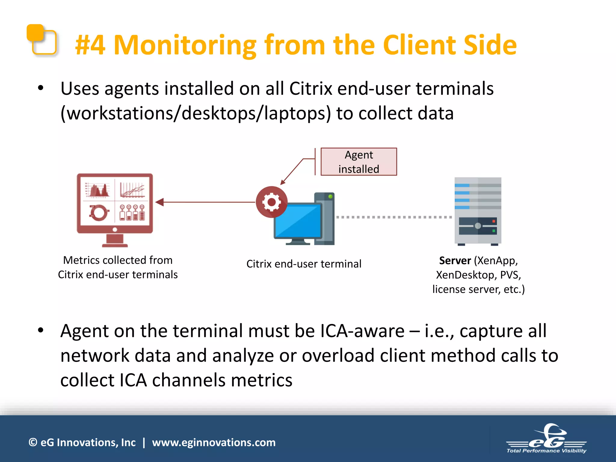 © eG Innovations, Inc | www.eginnovations.com
#4 Monitoring from the Client Side
• Uses agents installed on all Citrix end-user terminals
(workstations/desktops/laptops) to collect data
Citrix end-user terminal
Agent
installed
• Agent on the terminal must be ICA-aware – i.e., capture all
network data and analyze or overload client method calls to
collect ICA channels metrics
Metrics collected from
Citrix end-user terminals
Server (XenApp,
XenDesktop, PVS,
license server, etc.)
 