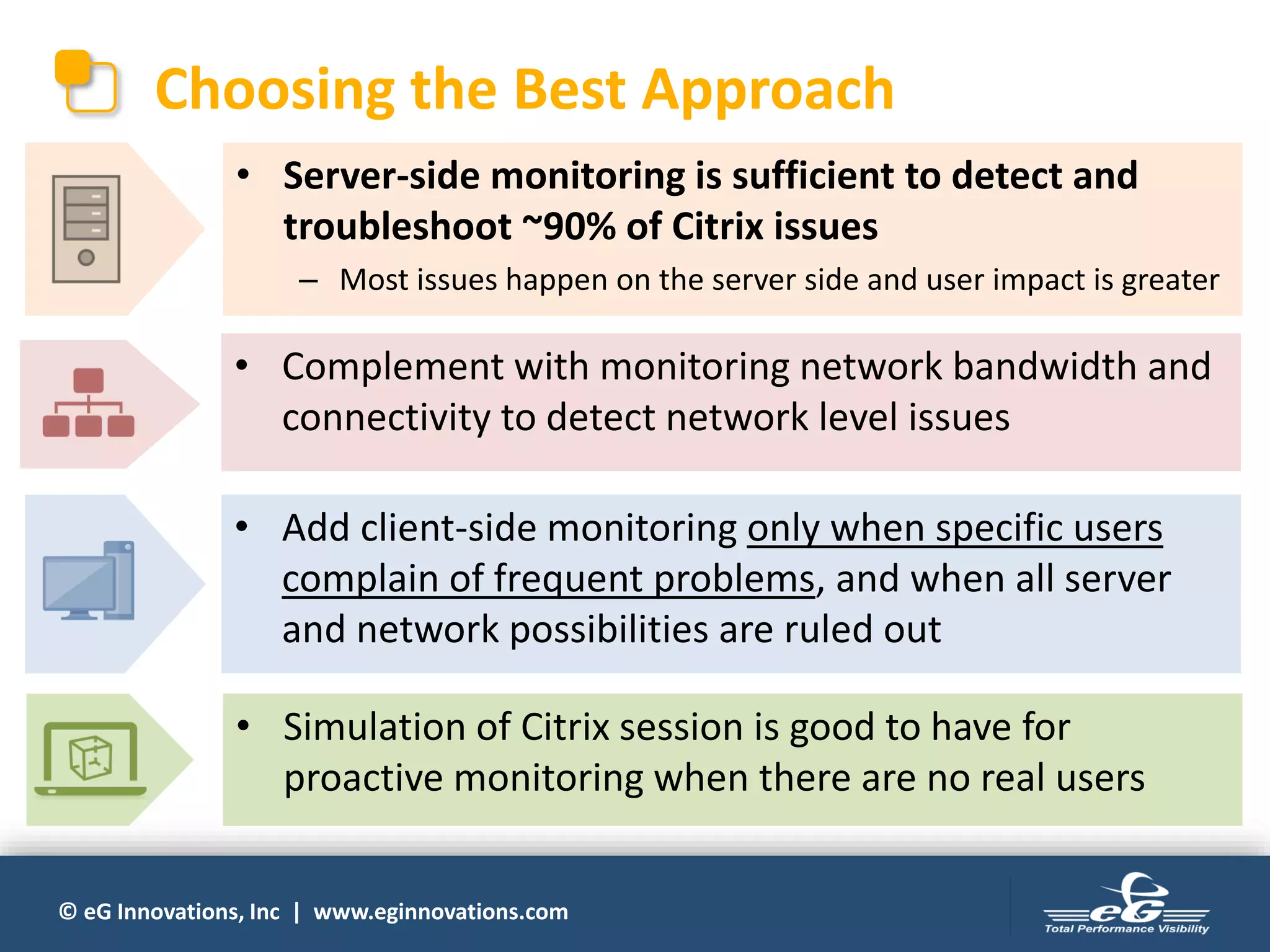 © eG Innovations, Inc | www.eginnovations.com
Choosing the Best Approach
• Server-side monitoring is sufficient to detect and
troubleshoot ~90% of Citrix issues
– Most issues happen on the server side and user impact is greater
• Complement with monitoring network bandwidth and
connectivity to detect network level issues
• Add client-side monitoring only when specific users
complain of frequent problems, and when all server
and network possibilities are ruled out
• Simulation of Citrix session is good to have for
proactive monitoring when there are no real users
 