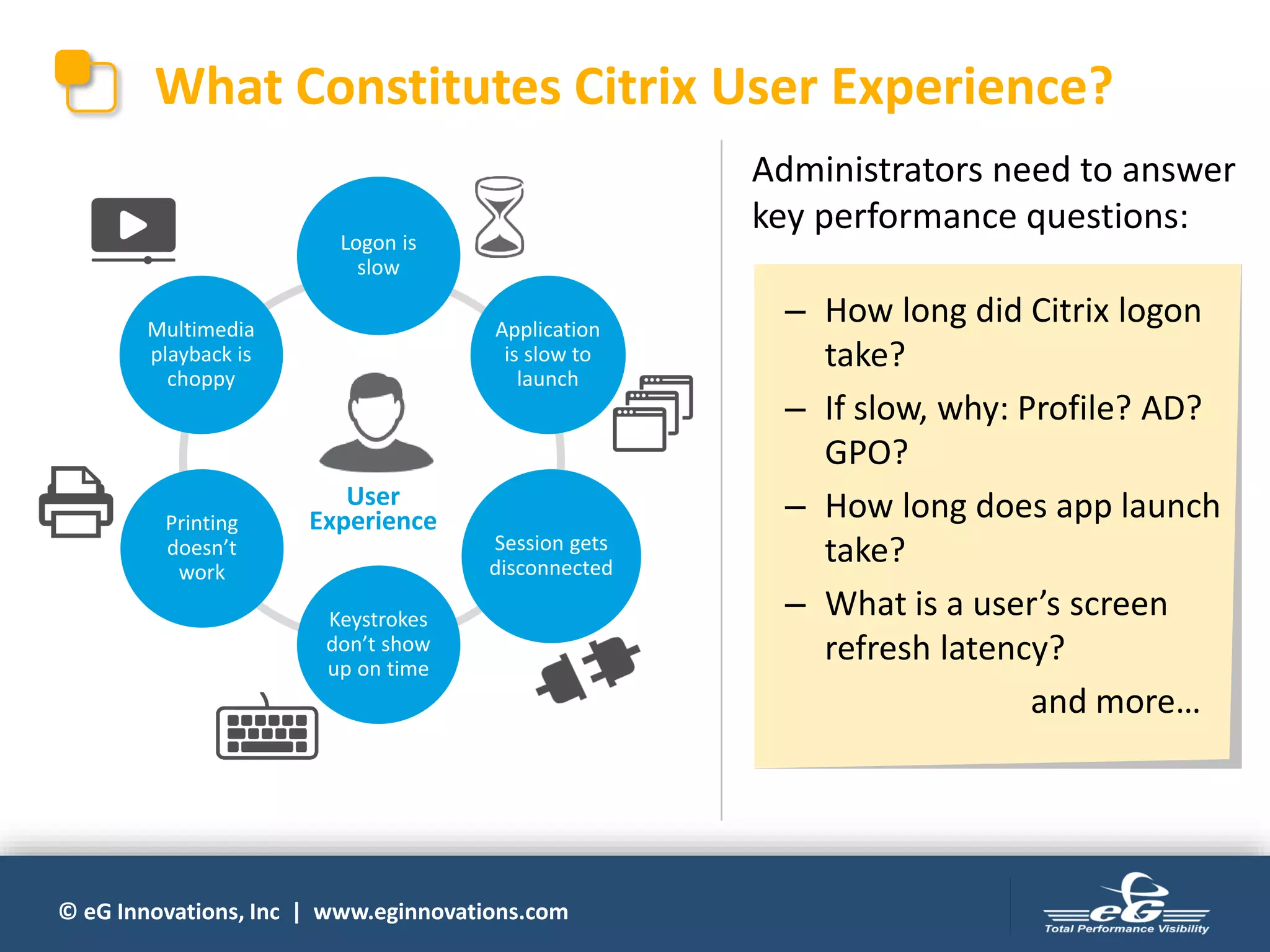 © eG Innovations, Inc | www.eginnovations.com
What Constitutes Citrix User Experience?
Logon is
slow
Application
is slow to
launch
Session gets
disconnected
Keystrokes
don’t show
up on time
Multimedia
playback is
choppy
User
ExperiencePrinting
doesn’t
work
Administrators need to answer
key performance questions:
– How long did Citrix logon
take?
– If slow, why: Profile? AD?
GPO?
– How long does app launch
take?
– What is a user’s screen
refresh latency?
and more…
 