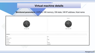 Discovery & mappin
Virtual machine details
Monitored parameters: VCPU's, VM memory, VM state, VM IP address, Host name
 
