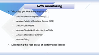 • Visualize performance metrics of :
• Amazon Elastic Compute Cloud (EC2)
• Amazon Relational Database Service (RDS)
• Amazon DynamoDB
• Amazon Simple Notification Service (SNS)
• Amazon Elastic Load Balancer
• Amazon Billing
• Diagnosing the root cause of performance issues
AWS monitoring
 