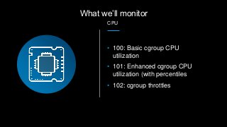 • 100: Basic cgroup CPU
utilization
• 101: Enhanced cgroup CPU
utilization (with percentiles
• 102: cgroup throttles
What ...