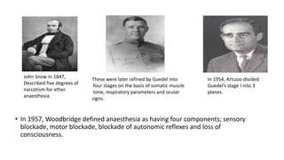 • In 1957, Woodbridge defined anaesthesia as having four components; sensory
blockade, motor blockade, blockade of autonomic reflexes and loss of
consciousness.
John Snow in 1847,
Described five degrees of
narcotism for ether
anaesthesia.
These were later refined by Guedel into
four stages on the basis of somatic muscle
tone, respiratory parameters and ocular
signs.
In 1954, Artusio divided
Guedel’s stage I into 3
planes.
 