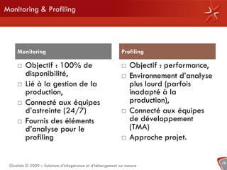 Monitoring & Profiling




     Monitoring                                             Profiling

        Objectif : 100% de                                     Objectif : performance,
         disponibilité,                                         Environnement d’analyse
        Lié à la gestion de la                                  plus lourd (parfois
         production,                                             inadapté à la
        Connecté aux équipes                                    production),
         d’astreinte (24/7)                                     Connecté aux équipes
        Fournis des éléments                                    de développement
         d’analyse pour le                                       (TMA)
         profiling                                              Approche projet.

                                                                                           10
 Oxalide © 2009 – Solutions d’infogérance et d’hébergement sur mesure
 
