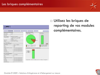 Les briques complémentaires



                                                            Utilisez les briques de
                                                             reporting de vos modules
                                                             complémentaires.




                                                                                        23
 Oxalide © 2009 – Solutions d’infogérance et d’hébergement sur mesure
 