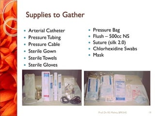 Supplies to Gather
 Arterial Catheter
 PressureTubing
 Pressure Cable
 Sterile Gown
 SterileTowels
 Sterile Gloves
 Pressure Bag
 Flush – 500cc NS
 Suture (silk 2.0)
 Chlorhexidine Swabs
 Mask
19Prof.Dr. RS Mehta, BPKIHS
 