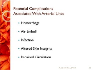 Potential Complications
Associated With Arterial Lines
 Hemorrhage
 Air Emboli
 Infection
 Altered Skin Integrity
 Impaired Circulation
20Prof.Dr. RS Mehta, BPKIHS
 