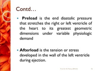 Contd…
 Preload is the end diastolic pressure
that stretches the right or left ventricle of
the heart to its greatest geometric
dimensions under variable physiologic
demand
 Afterload is the tension or stress
developed in the wall of the left ventricle
during ejection.
92Prof.Dr. RS Mehta, BPKIHS
 