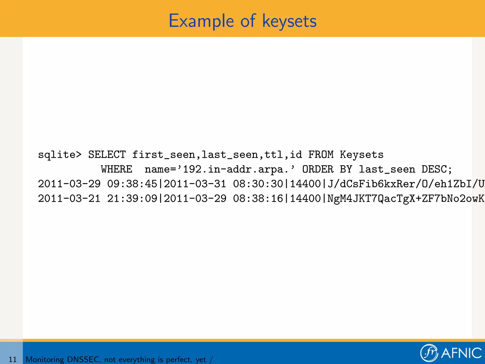 Example of keysets




        sqlite> SELECT first_seen,last_seen,ttl,id FROM Keysets
                  WHERE name=’192.in-addr.arpa.’ ORDER BY last_seen DESC;
        2011-03-29 09:38:45|2011-03-31 08:30:30|14400|J/dCsFib6kxRer/O/eh1ZbI/Un
        2011-03-21 21:39:09|2011-03-29 08:38:16|14400|NgM4JKT7QacTgX+ZF7bNo2owKj




11   Monitoring DNSSEC, not everything is perfect, yet /
 