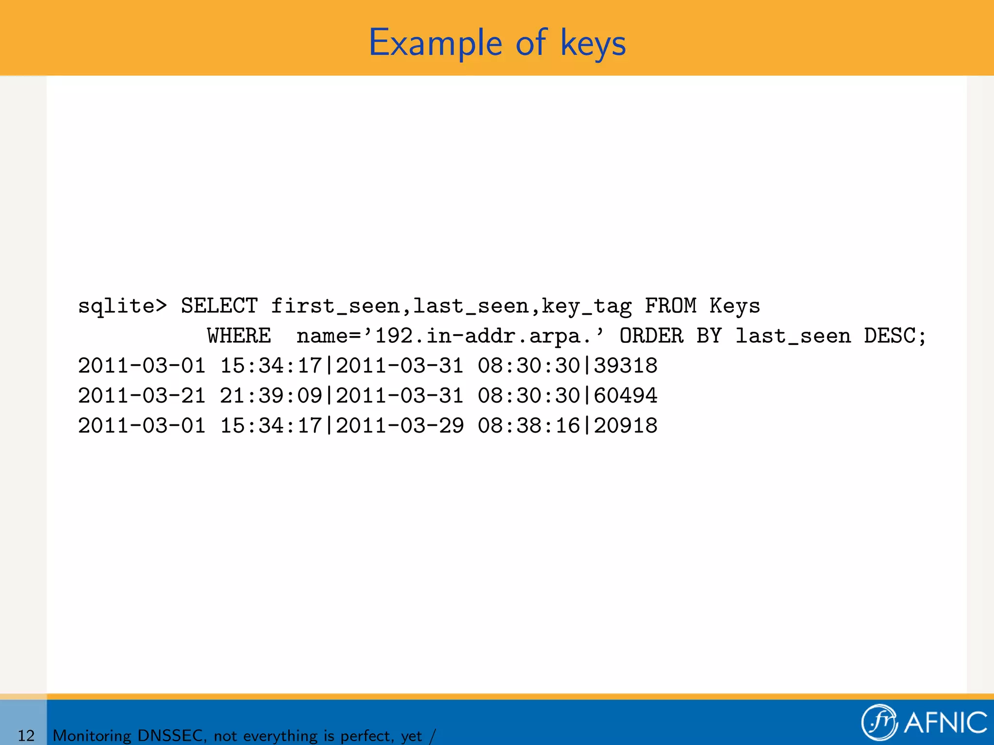 Example of keys




        sqlite> SELECT first_seen,last_seen,key_tag FROM Keys
                  WHERE name=’192.in-addr.arpa.’ ORDER BY last_seen DESC;
        2011-03-01 15:34:17|2011-03-31 08:30:30|39318
        2011-03-21 21:39:09|2011-03-31 08:30:30|60494
        2011-03-01 15:34:17|2011-03-29 08:38:16|20918




12   Monitoring DNSSEC, not everything is perfect, yet /
 