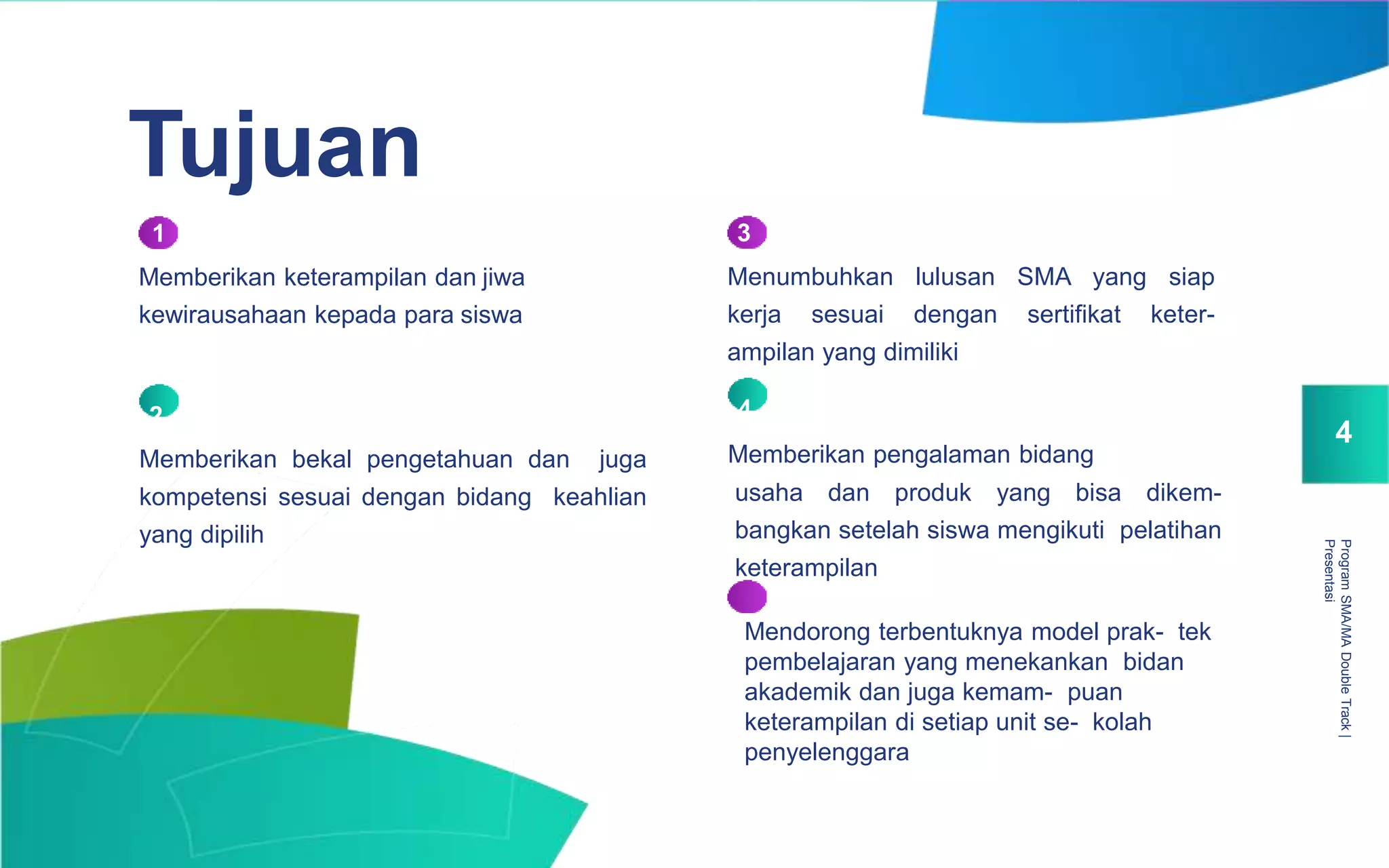 ProgramSMA/MADoubleTrack|
Presentasi
4
Tujuan
1
Memberikan keterampilan dan jiwa
kewirausahaan kepada para siswa
2
Memberikan bekal pengetahuan dan juga
kompetensi sesuai dengan bidang keahlian
yang dipilih
usaha dan produk yang bisa dikem-
bangkan setelah siswa mengikuti pelatihan
keterampilan
Mendorong terbentuknya model prak- tek
pembelajaran yang menekankan bidan
akademik dan juga kemam- puan
keterampilan di setiap unit se- kolah
penyelenggara
3
Menumbuhkan lulusan SMA yang siap
kerja sesuai dengan sertifikat keter-
ampilan yang dimiliki
4
Memberikan pengalaman bidang
 