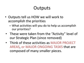 Outputs
• Outputs tell us HOW we will work to
accomplish the priorities
– What activities will you do to help us accomplish
our priorities?
• These were taken from the “Activity” level of
our Strategic Plan (since removed)
• Think of these activities as MAJOR PROJECT
AREAS, or MAJOR ONGOING TASKS that are
composed of many smaller pieces.
 