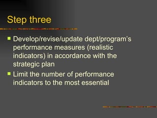Step three Develop/revise/update dept/program’s performance measures (realistic indicators) in accordance with the strategic plan Limit the number of performance indicators to the most essential  