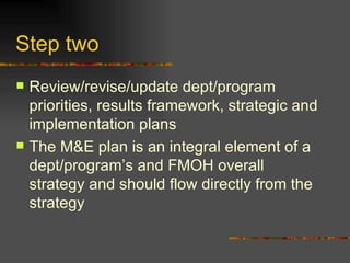 Step two  Review/revise/update dept/program priorities, results framework, strategic and implementation plans The M&E plan is an integral element of a dept/program’s and FMOH overall strategy and should flow directly from the strategy 
