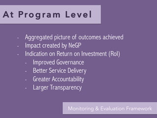 At Program Le v e l 
- Aggregated picture of outcomes achieved 
- Impact created by NeGP 
- Indication on Return on Investment (RoI) 
- Improved Governance 
- Better Service Delivery 
- Greater Accountability 
- Larger Transparency 
Monitoring & Evaluation Framework 
 