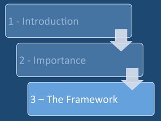 1 
-­‐ 
Introduc,on 
2 
-­‐ 
Importance 
3 
– 
The 
Framework 
 