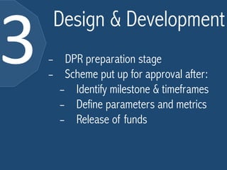 3 
Design & Development - DPR preparation stage 
- Scheme put up for approval after: 
- Identify milestone & timeframes 
- Define parameters and metrics 
- Release of funds 
 