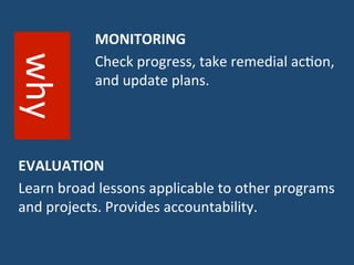 MONITORING 
Check 
progress, 
take 
remedial 
ac,on, 
and 
update 
plans. 
why 
EVALUATION 
Learn 
broad 
lessons 
applicable 
to 
other 
programs 
and 
projects. 
Provides 
accountability. 
 