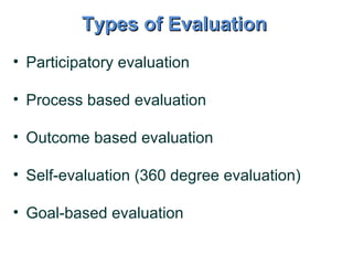 Participatory evaluation Process based evaluation Outcome based evaluation Self-evaluation (360 degree evaluation) Goal-based evaluation  Types of Evaluation   
