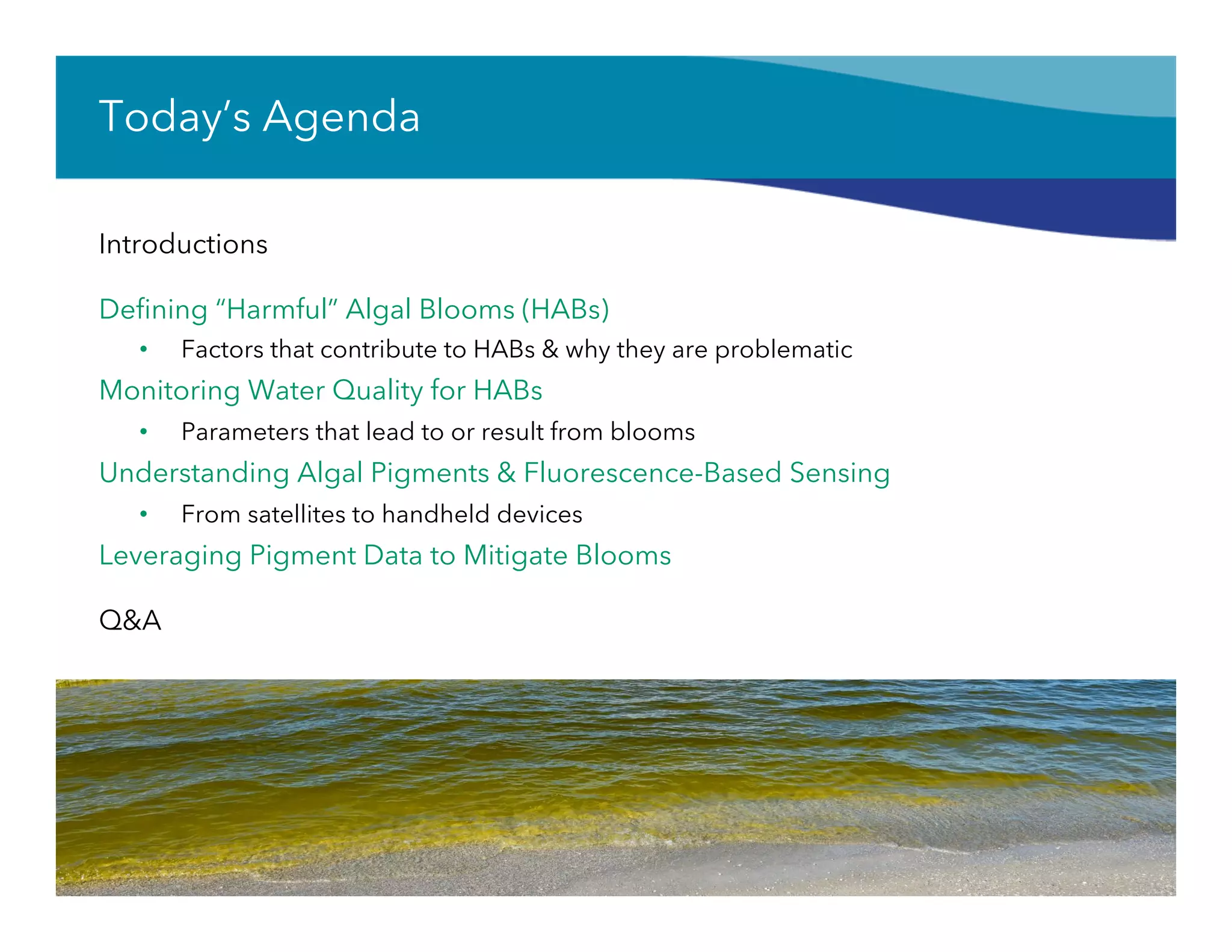 Today’s Agenda
Introductions
Deﬁning “Harmful” Algal Blooms (HABs)
•  Factors that contribute to HABs & why they are problematic
Monitoring Water Quality for HABs
•  Parameters that lead to or result from blooms
Understanding Algal Pigments & Fluorescence-Based Sensing
•  From satellites to handheld devices
Leveraging Pigment Data to Mitigate Blooms
Q&A
2
 