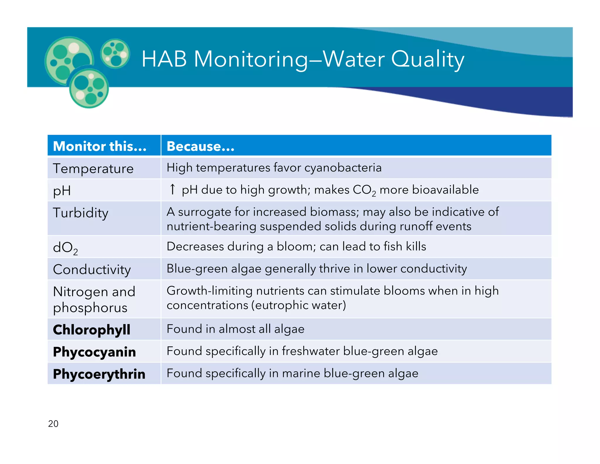 Monitor this… Because…
Temperature High temperatures favor cyanobacteria
pH ↑ pH due to high growth; makes CO2 more bioavailable
Turbidity A surrogate for increased biomass; may also be indicative of
nutrient-bearing suspended solids during runoff events
dO2
Decreases during a bloom; can lead to ﬁsh kills
Conductivity Blue-green algae generally thrive in lower conductivity
Nitrogen and
phosphorus
Growth-limiting nutrients can stimulate blooms when in high
concentrations (eutrophic water)
Chlorophyll Found in almost all algae
Phycocyanin Found speciﬁcally in freshwater blue-green algae
Phycoerythrin Found speciﬁcally in marine blue-green algae
20
HAB Monitoring—Water Quality
 