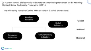 (2) Current context of biodiversity indicators for a monitoring framework for the Kunming-
Montreal Global Biodiversity Framework - COP15
The monitoring framework of the KM GBF consist of layers of indicators:
Global
National
Regional
Headline
Indicators
Complementary
Indicators
Component
Indicators
Global
Indicators
 