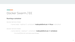 Docker Swarm / EE
Running a container
docker service create
--name redis --replicas 3 --constraint 'node.platform.os == linux' redis:latest
docker service create
--name dotnet --replicas 1 --constraint 'node.platform.os == windows’
microsoft/dotnet-samples:aspnetapp
14
 