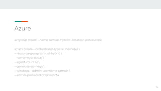 Azure
26
az group create --name samuel-hybrid --location westeurope
az acs create --orchestrator-type=kubernetes 
--resource-group samuel-hybrid 
--name=HybridKub 
--agent-count=2 
--generate-ssh-keys 
--windows --admin-username samuel 
--admin-password COscale1234
 