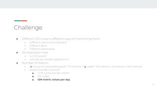 Challenge
● Different OS’s means different ways of monitoring them
○ Different metrics are important
○ Different alerts
○ Different dashboards
● Orchestration view
○ Is it OS aware?
○ How do you handle applications?
● Number of metrics
○ (x containers (started/stopped) * 70 metrics) + (y nodes * 150 metrcs) + orchestrator (100 metrics)
○ largest CoScale customer:
■ 1.2 M containers per month
■ 100 nodes
■ 12M metric values per day
31
 