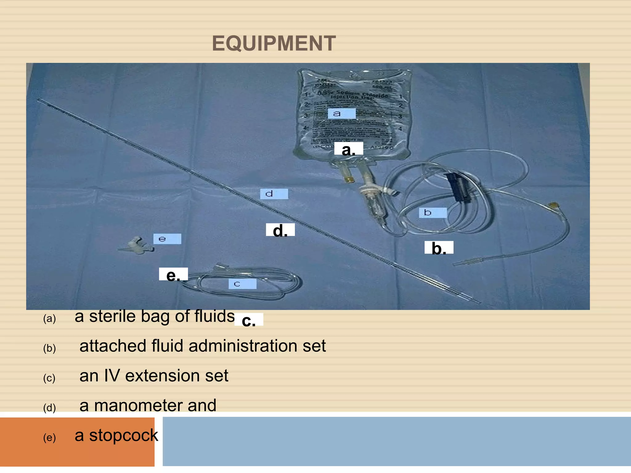 EQUIPMENT
(a) a sterile bag of fluids
(b) attached fluid administration set
(c) an IV extension set
(d) a manometer and
(e) a stopcock
a.
b.
c.
d.
e.
 