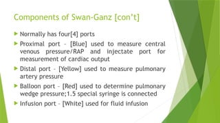 Components of Swan-Ganz [con’t]
 Normally has four[4] ports
 Proximal port – [Blue] used to measure central
venous pressure/RAP and injectate port for
measurement of cardiac output
 Distal port – [Yellow] used to measure pulmonary
artery pressure
 Balloon port – [Red] used to determine pulmonary
wedge pressure;1.5 special syringe is connected
 Infusion port – [White] used for fluid infusion
 
