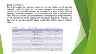 Clinical Considerations
Starling demonstrated the relationship between left ventricular function and left ventricular
enddiastolic muscle fiber length, which is usually proportionate to end-diastolic volume. If
compliance is not abnormally decreased (eg, by myocardial ischemia, overload, ventricular
hypertrophy, or pericardial tamponade), LVEDP should reflect fiber length. In the presence of a
normal mitral valve, left atrial pressure approaches left ventricular pressure during diastolic filling.
The left atrium connects with the right side of the heart through the pulmonary vasculature. The
distal lumen of a correctly wedged PA catheter is isolated from rightsided pressures by balloon
inflation.
 