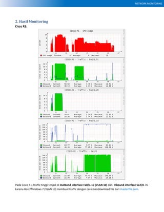 NETWORK MONITORING
2. Hasil Monitoring
Cisco R1:
Pada Cisco R1, traffic tinggi terjadi di Outbond interface Fa0/1.10 (VLAN 10) dan Inbound interface Se2/0. Ini
karena Host Windows 7 (VLAN 10) membuat traffic dengan cara mendownload file dari masterfile.com.
 
