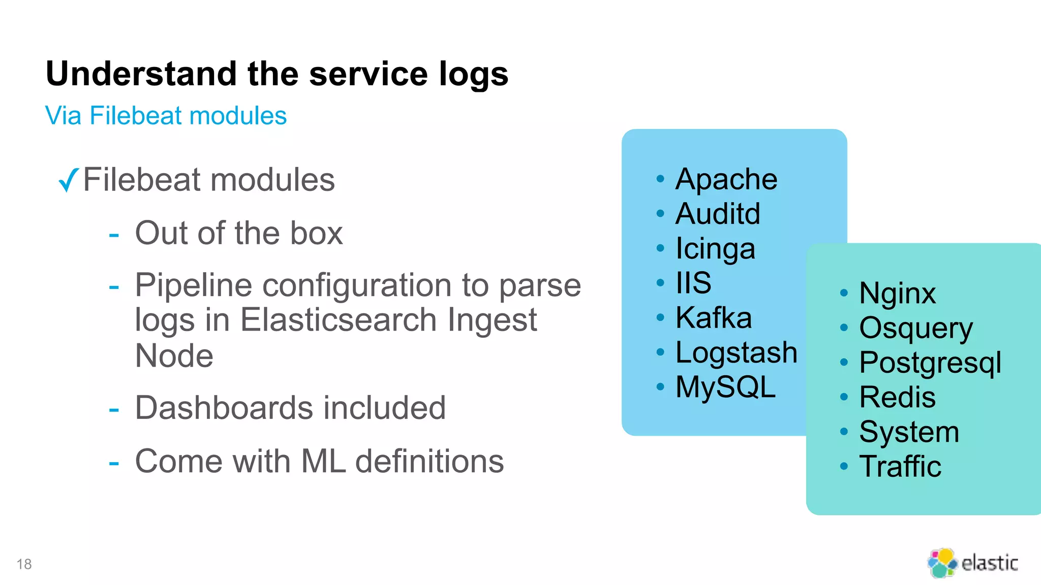 !18
Understand the service logs
Via Filebeat modules
• Apache
• Auditd
• Icinga
• IIS
• Kafka
• Logstash
• MySQL
• Nginx
• Osquery
• Postgresql
• Redis
• System
• Traffic
✓Filebeat modules
- Out of the box
- Pipeline configuration to parse
logs in Elasticsearch Ingest
Node
- Dashboards included
- Come with ML definitions
 