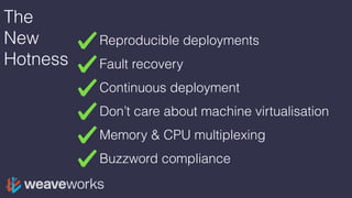 Reproducible deployments
Fault recovery
Continuous deployment
Don’t care about machine virtualisation
Memory & CPU multiplexing
Buzzword compliance
The
New
Hotness
 