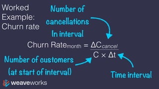 Worked
Example:
Churn rate
Time interval
Number of customers
(at start of interval)
Number of
cancellations
In interval
Churn Ratemonth = ΔCcancel
C × Δt
 