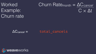Worked
Example:
Churn rate
ΔCcancel = rate(total_cancels[1m])
Churn Ratemonth = ΔCcancel
C × Δt
 