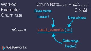 Worked
Example:
Churn rate
ΔCcancel = rate(total_cancels[1m])
Base metric
(scalar) Data window
Data range
(vector)
Churn Ratemonth = ΔCcancel
C × Δt
 