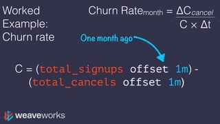 Worked
Example:
Churn rate
C = (total_signups offset 1m) -
(total_cancels offset 1m)
One month ago
Churn Ratemonth = ΔCcancel
C × Δt
 