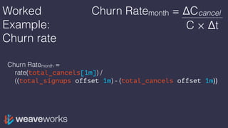 Worked
Example:
Churn rate
Churn Ratemonth =
rate(total_cancels[1m]) /
((total_signups offset 1m) - (total_cancels offset 1m))
Churn Ratemonth = ΔCcancel
C × Δt
 