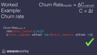Worked
Example:
Churn rate
Churn Ratemonth =
rate(total_cancels[1m]) /
((total_signups offset 1m) - (total_cancels offset 1m))
Churn Ratemonth = ΔCcancel
C × Δt
 