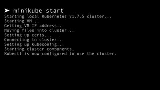 ➤ minikube start
Starting local Kubernetes v1.7.5 cluster...
Starting VM...
Getting VM IP address...
Moving files into cluster...
Setting up certs...
Connecting to cluster...
Setting up kubeconfig...
Starting cluster components…
Kubectl is now configured to use the cluster.
 