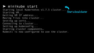 ➤ minikube start
Starting local Kubernetes v1.7.5 cluster...
Starting VM...
Getting VM IP address...
Moving files into cluster...
Setting up certs...
Connecting to cluster...
Setting up kubeconfig...
Starting cluster components…
Kubectl is now configured to use the cluster.
Start a local cluster
 
