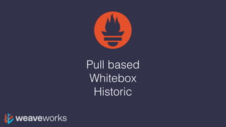 Pull based
Whitebox
Historic
 