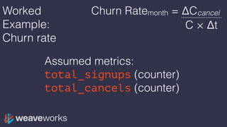 Worked
Example:
Churn rate
Churn Ratemonth =
rate(total_cancels[1m]) /
((total_signups offset 1m) - (total_cancels offset ...